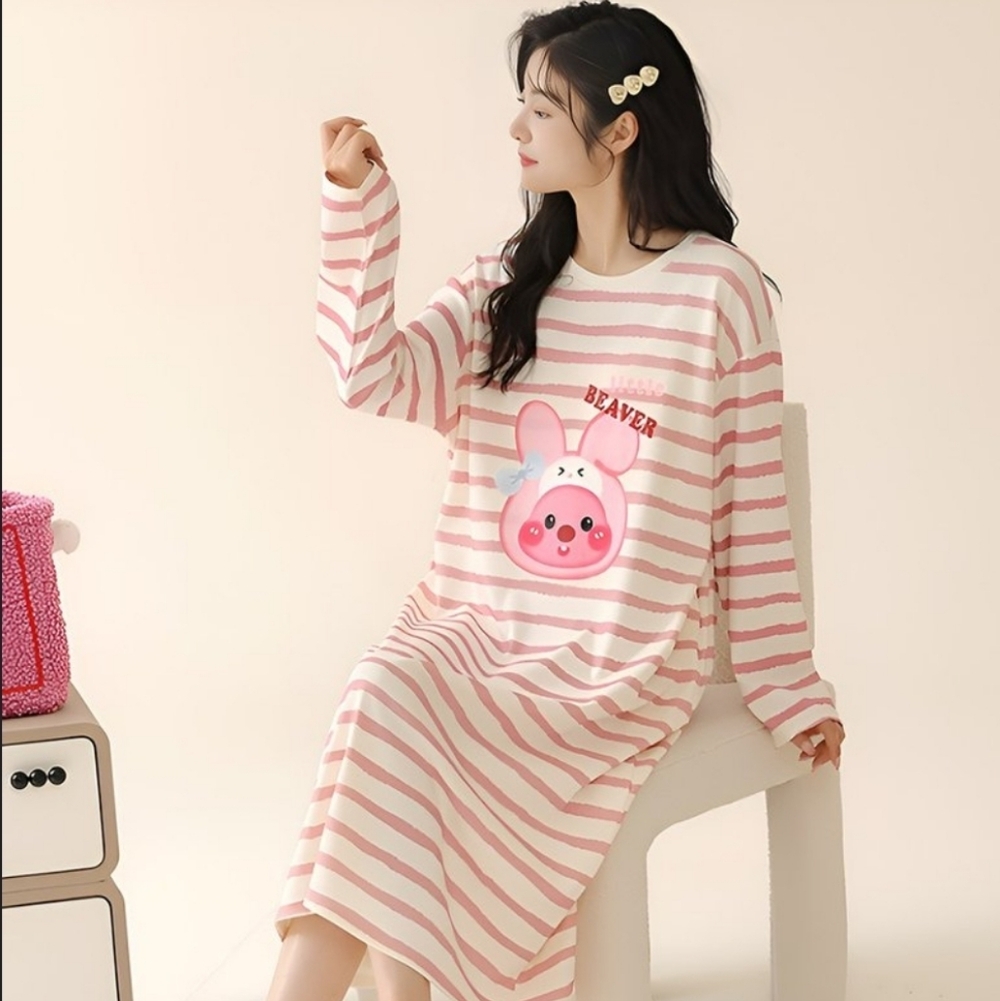 KAWAII‎ striped beaver bunny cartoon long sleeve nightgown dress XL